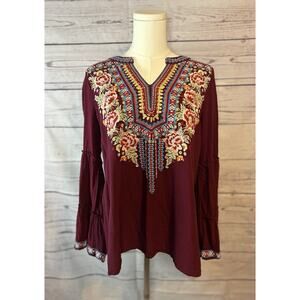 Savanna Jane South Beach Bordeaux Embroidered Tunic Top Size M